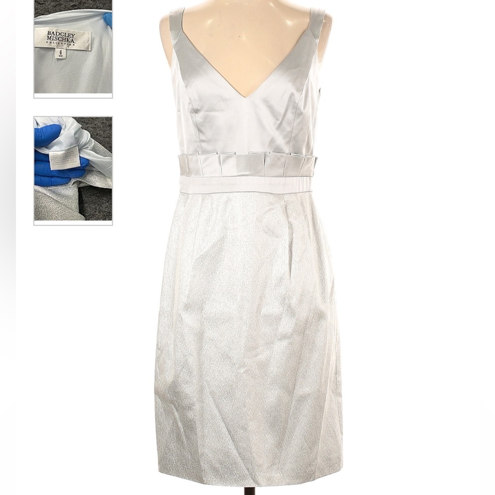 NWOT. Badgely Mishcka Collection, silver. Sz 6 Soft satin, beautiful details.